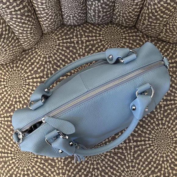 Heshe Light Blue Leather Satchel Bag with Detachable Adjustable Strap Like New - Picture 2 of 16